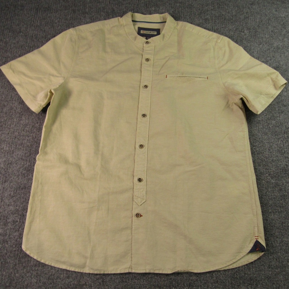 32 Bar Blues Shirt Mens L Tan Cotton Linen Blend Band Collar Short Sleeve Summer - Picture 2 of 11